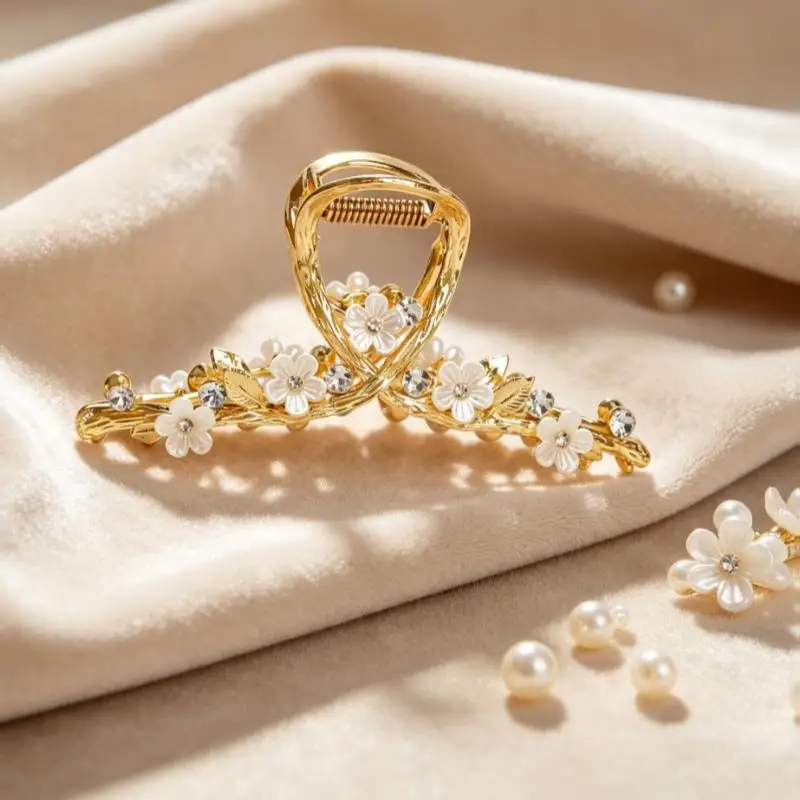 1Pcs Golden Hair Claw Clip With White Flower Rhinestone Pearl Accents