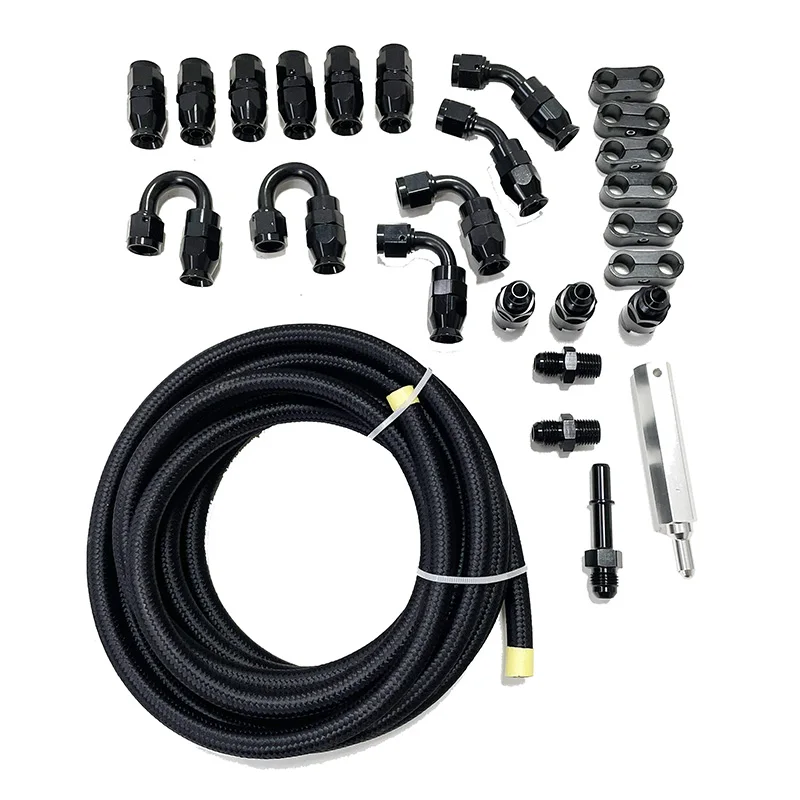 AN6 Tube Nylon Stainless Steel Braided PTFE Black Fuel Line Fitting Kit with 25 pcs Swivel Hose Ends ith Clamps