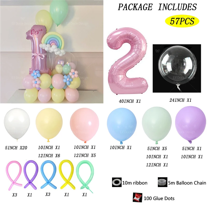 57pcs Rainbow Theme Balloon Column 40inch Pink Number 1-9th Girl Birthday Party Favors Baby Shower Decorative Balloons