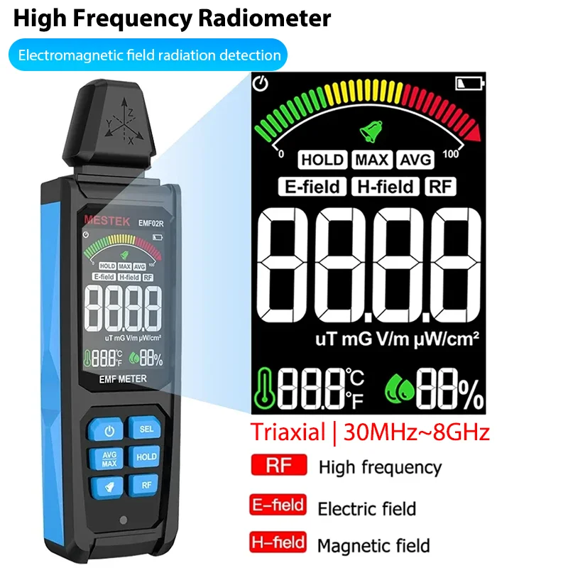 EMF02R EMF mètre Triaxial 30M ~ 8GHz détecteur de rayonnement de champ électromagnétique rechargeable radiomètre haute fréquence écran couleur