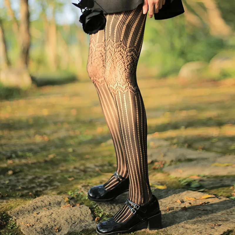 

New Vintage Lace Stitching Vertical Striped Fishnet Socks Women's Leggings Tights Black Sexy Dark Goth