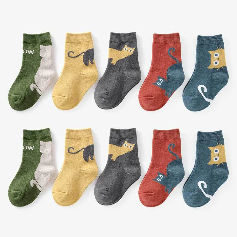 5 Paar Kindersocken mit Cartoon-Katzenmuster, bequeme, atmungsaktive Kindersocken für Jungen und Mädchen – Detail 8