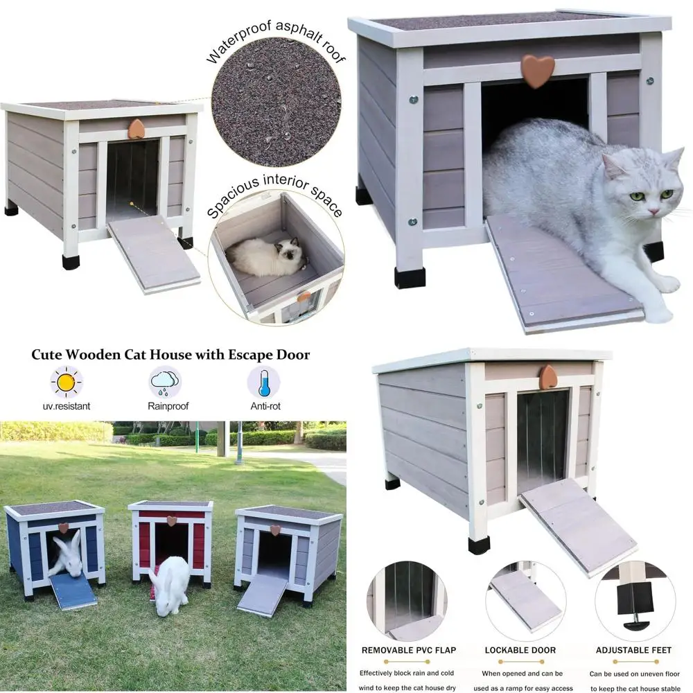 

Серый уличный деревянный домик для кошек с приподнятым полом и запирающейся дверью для бездомных кошек