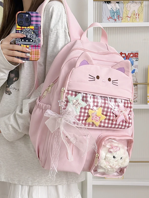 Cute  Cartoon Transparent Plaid School Bag for Girls Primary School Students Backpack College Style Water Resistant Should...