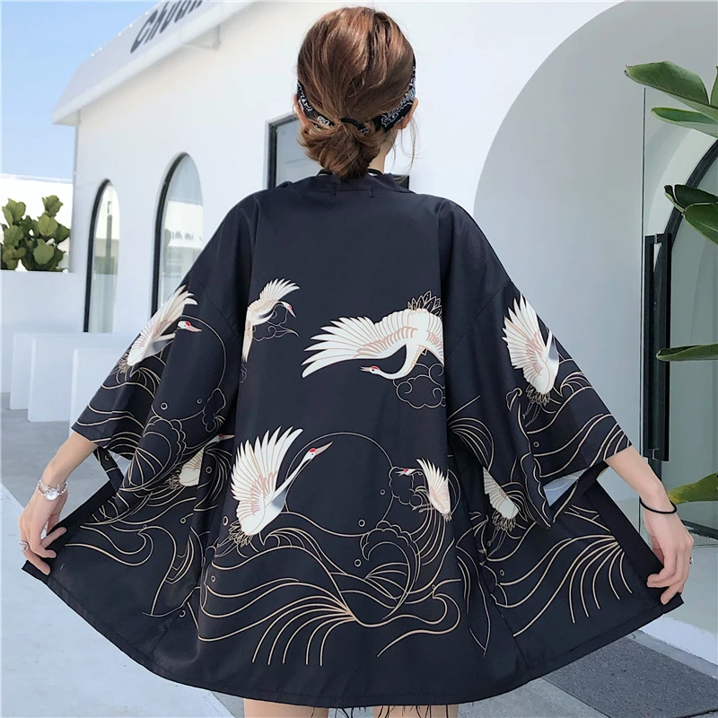 Cárdigan tipo Kimono japonés para mujer, abrigo de playa, ropa de playa de verano, camisa con estampado de grulla de Anime, cinturón Yukata Haori Obi blanco y negro