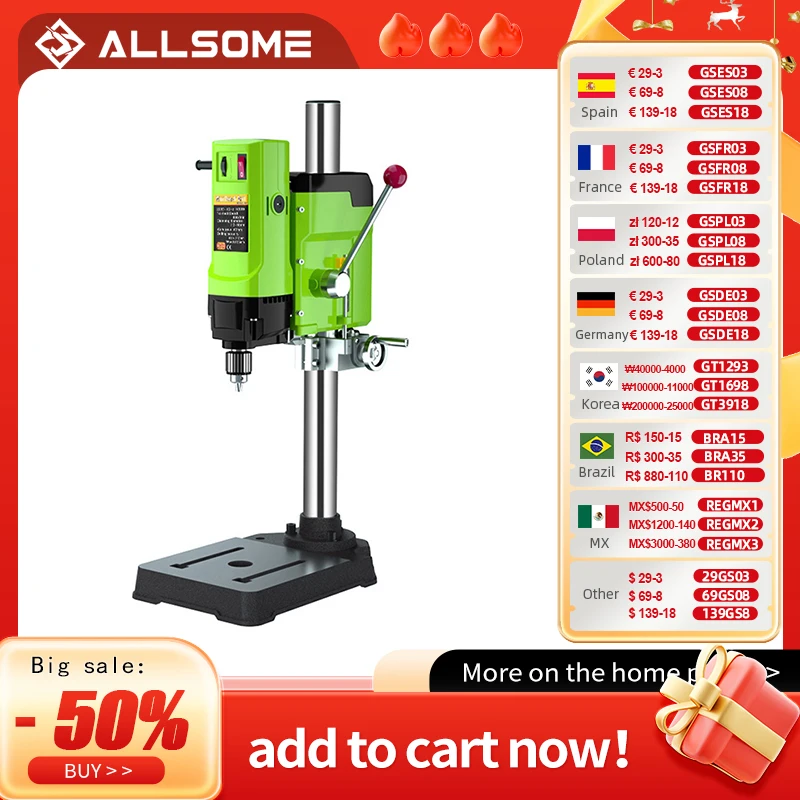 ALLSOME Mini Bench Drill Bench Drilling Machine Variable Speed Drilling Chuck 1-16mm For DIY Wood Metal Electric Tools