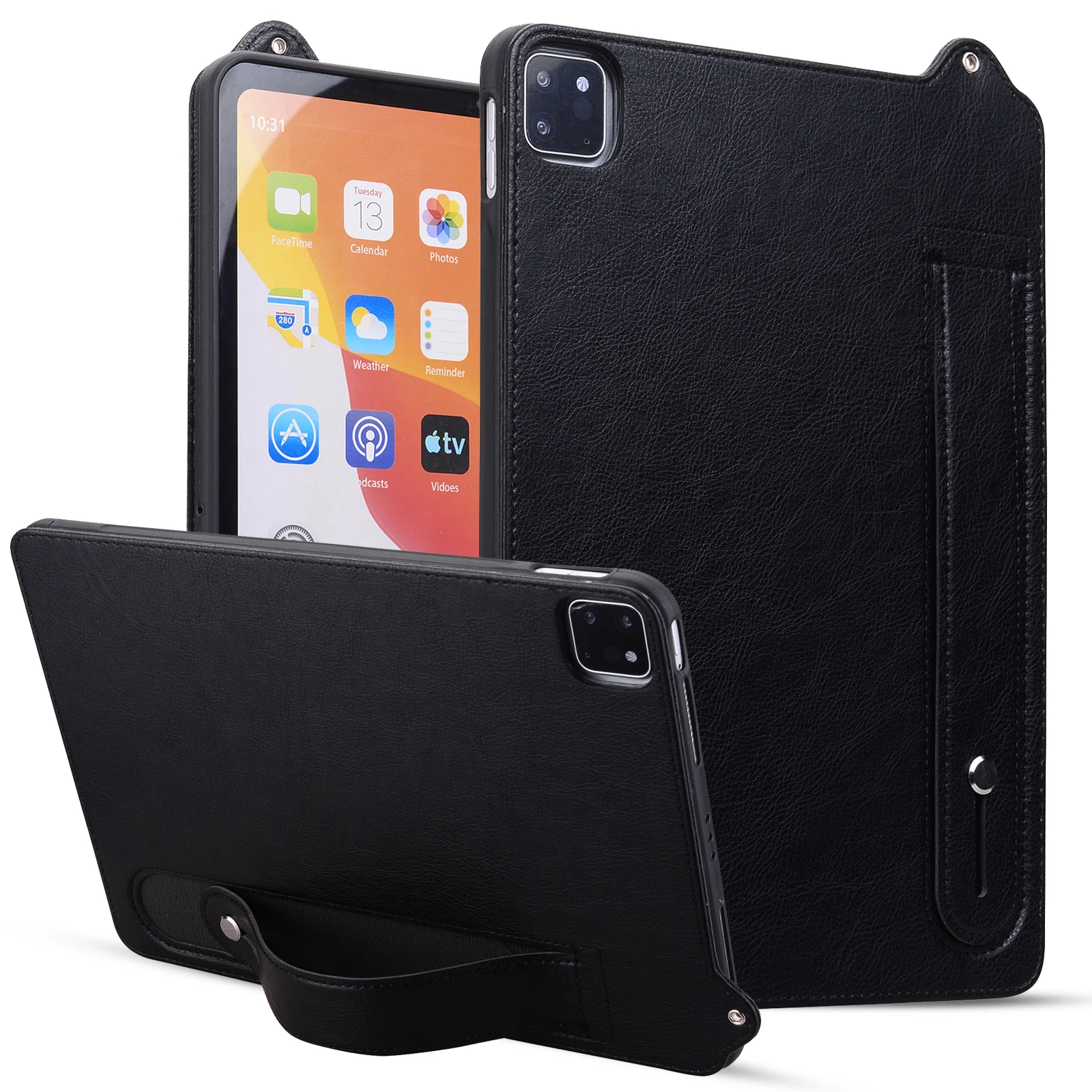 Cover posteriore protettiva per computer in TPU + pelle per Apple iPad Pro 12.9 2020 antiurto Supporto per cinturino da polso Custodia protettiva per tablet