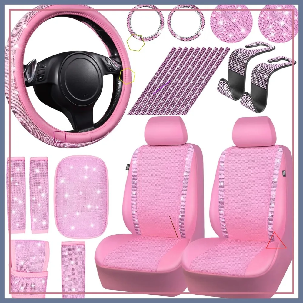 

Набор автомобильных аксессуаров Pink Bling Diamond: 24 предмета для женщин, кожаные чехлы на сиденья, чехол на руль, стразовые крючки, подставки под кружки