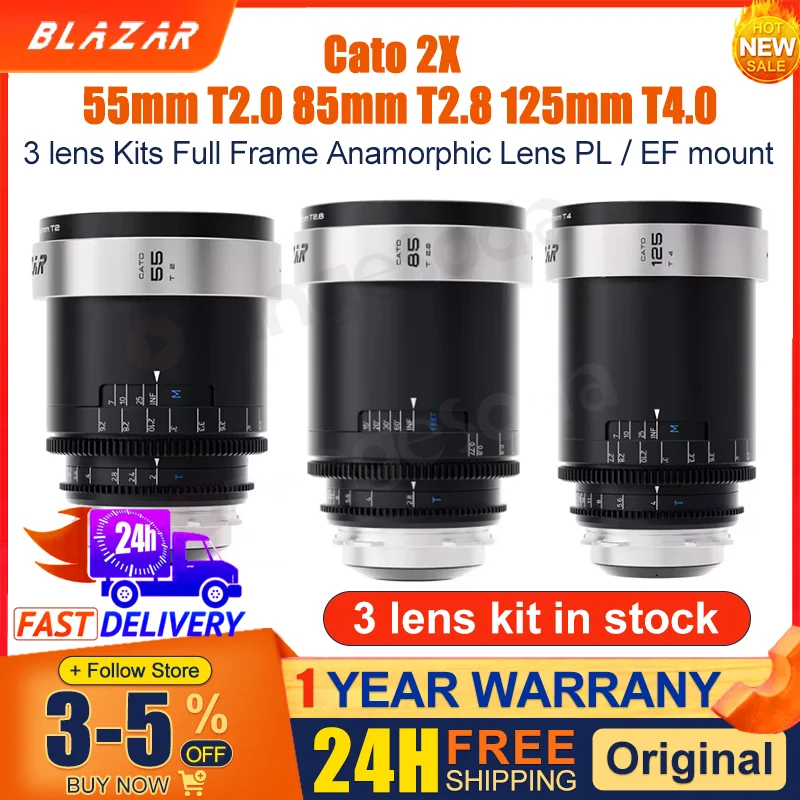 In Stock Great joy BLAZAR LENS Cato 2X  55mm T2.0 85mm T2.8 125mm T4.0 3 lens Kits Full Frame Anamorphic Lens PL/EF mount