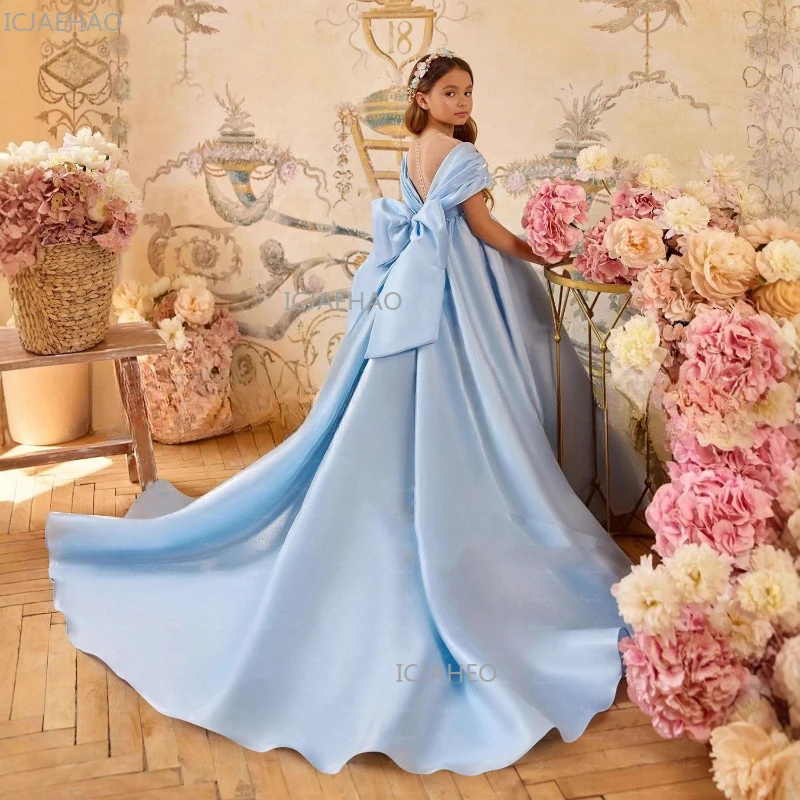 Girls Blue Pageant Dress with Train Flower Girl Birthday Performance Gown Piano Recital Party Children Formal Gown Wedding Show