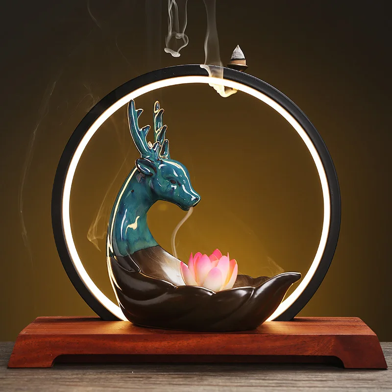 Backflow Incense Holder With LED Light Ring, Chinese Style Handmade Lucky Deer Censer Home Decor Aromatherapy Set