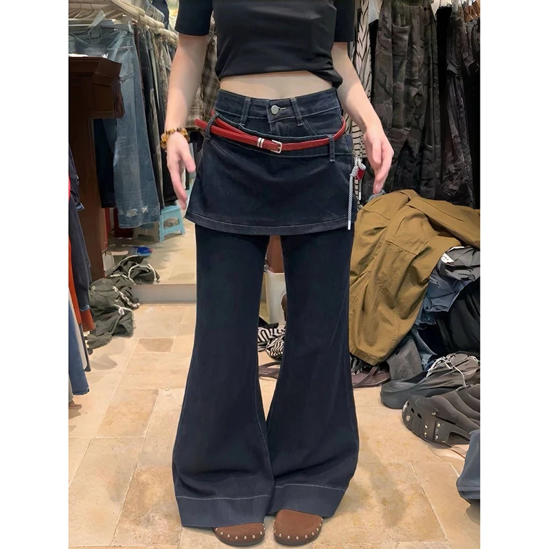 المرأة خمر وهمية قطعتين الجينز الأزرق الشارع الشهير Y2K واسعة الساق مستقيم جان عالية الخصر السراويل الرجعية مضيئة الدينيم السراويل