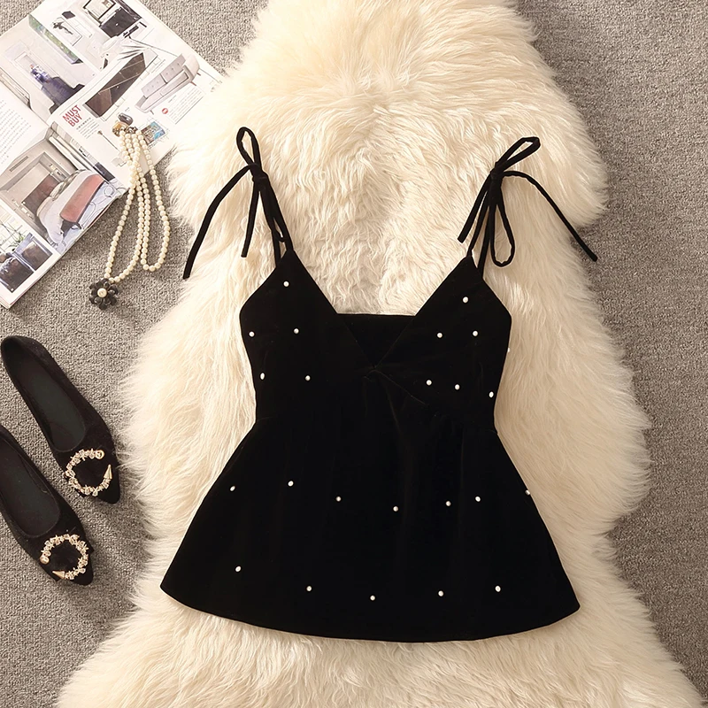 Sweet Black Heavy Embellished Strap Vest Women's Belted Slimming Layering Atmosphere Top Short Length Polyester Blend