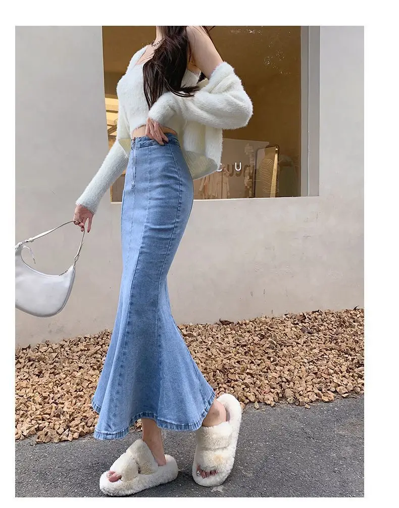 2026 Solid Slimming High Waist Midi A- Line Skirt Woman Trumpet Sides for Women Denim Half-length Skirt with Flounce