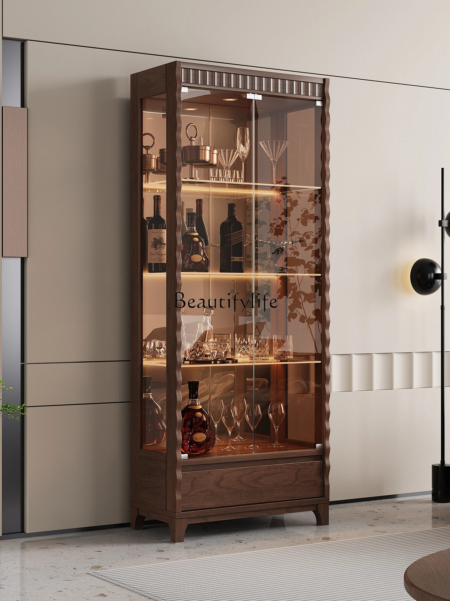 

2025 new living room new Chinese solid wood glass wine cabinet against the wall light luxury high-end display cabinet