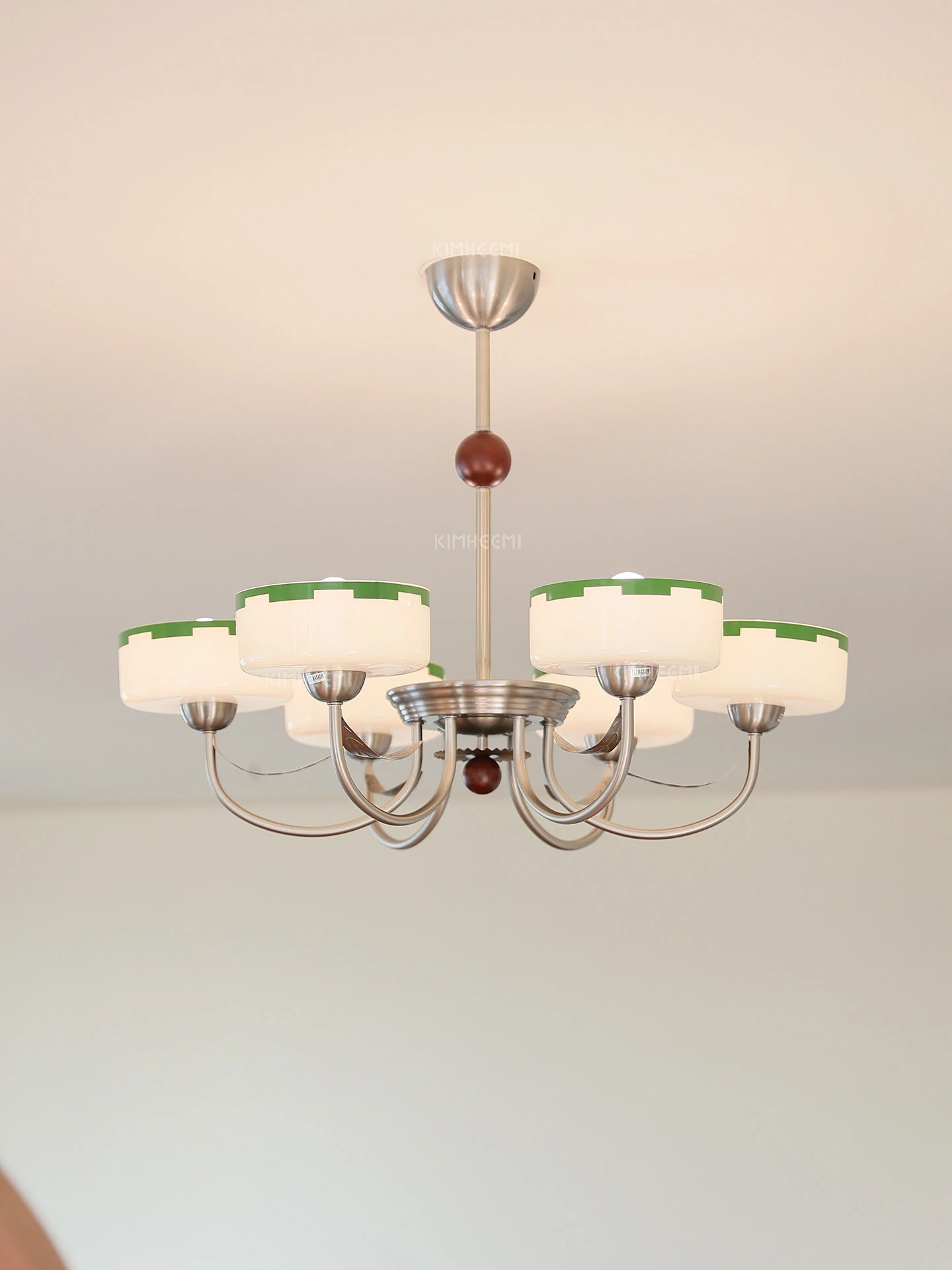French Style Ceiling Chandelier White Glass Lampshade With Green Border Elegant Hanging Lamp For Bedroom Dining Room Decor