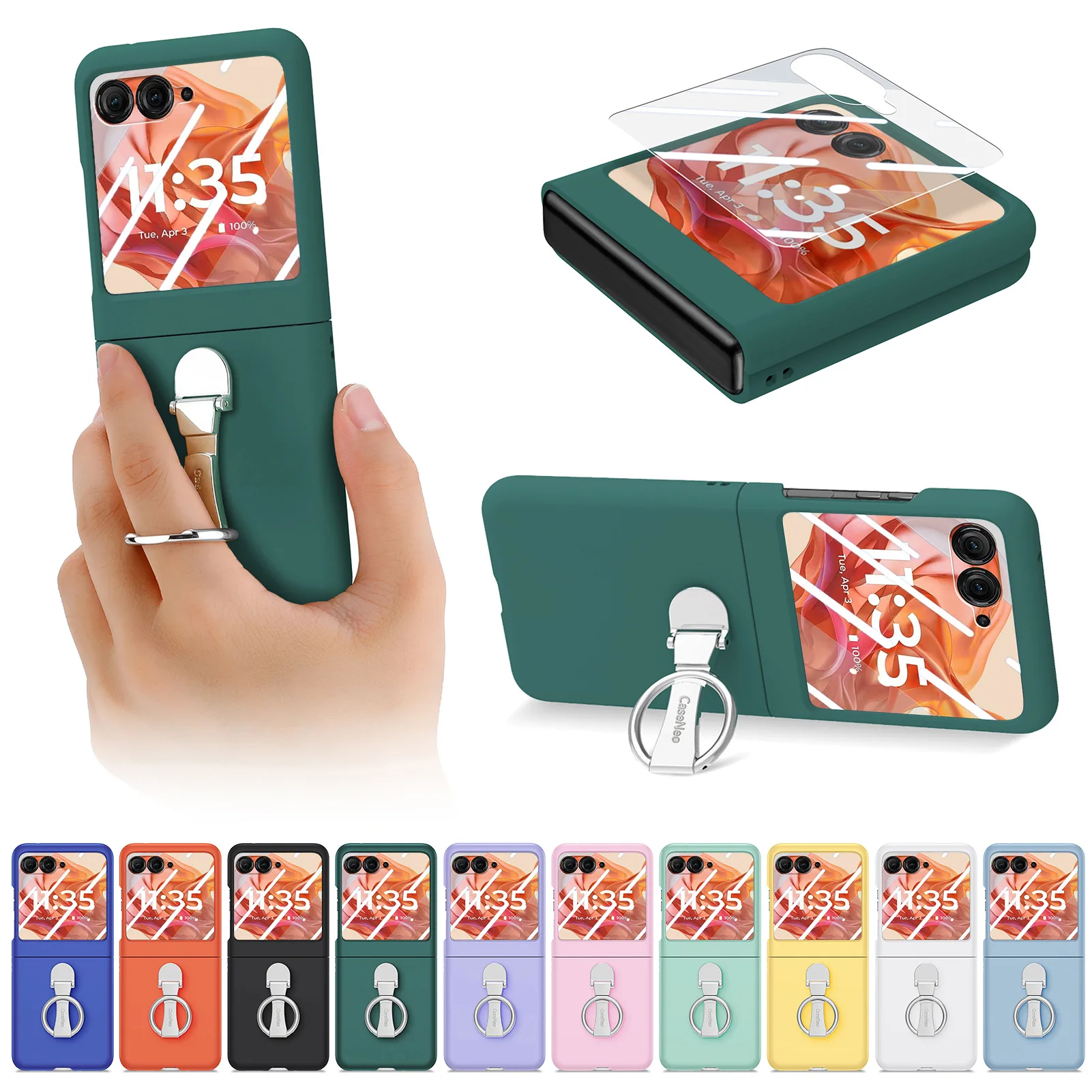 

For Motorola Razr 60 50 40 Ultra Case Folding Metal Finger Ring Stand With Tempered Film Shockproof Protective Phone Cover