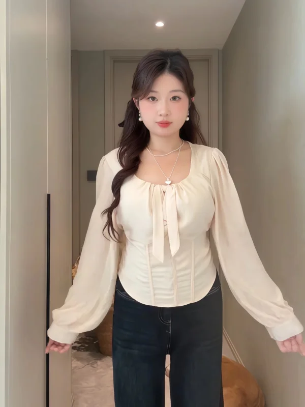 

plus Size Women's Square Collar Fibone Long Sve irt Slimming Design Breathable Comfortable Korean Sle Office Wear