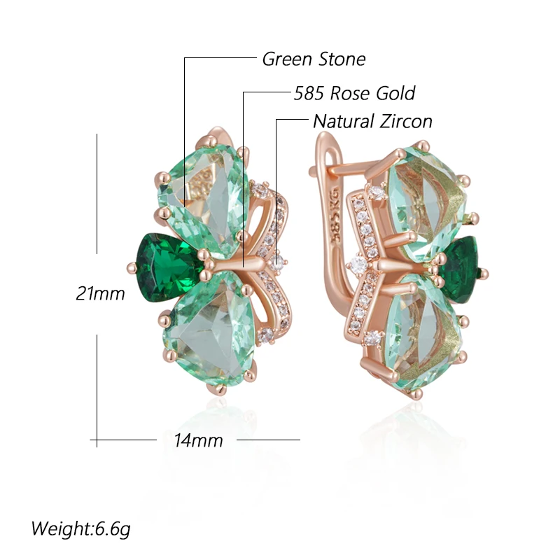 Kinel Unique Green Stone Drop Earrings for Women Fashion Rhombus Natural Zircon Accessories 585 Rose Gold Vintage Daily Jewelry