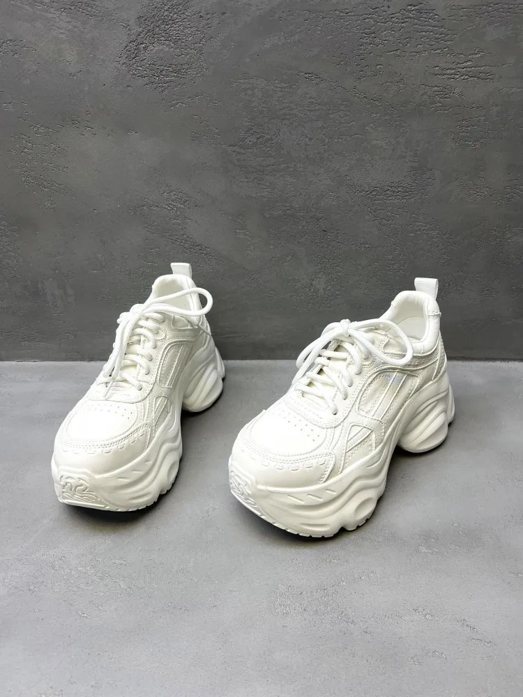 Women Autumn Lace Up Breathable Genuine Leather Sneakers Round Toe Thick Soled Height Increasing Shoes Running Trainers Jogger