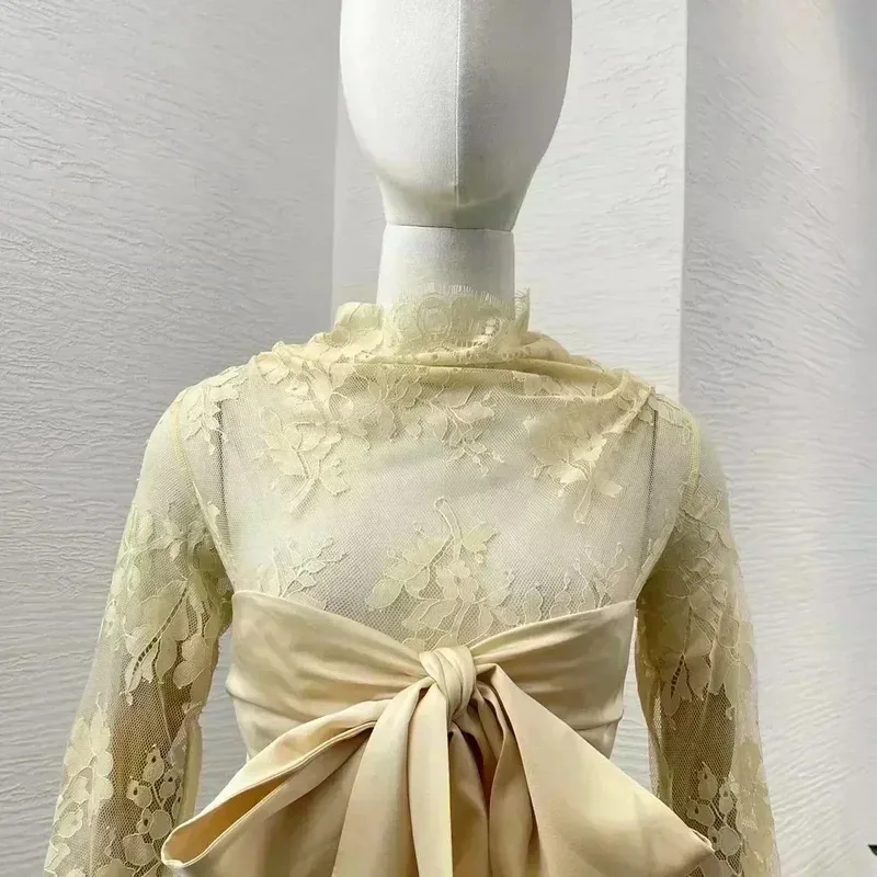 Nuevo Blusa Vintage de encaje con lazo ceñido al cuerpo de manga larga sin espalda transparente para mujer Topsparty