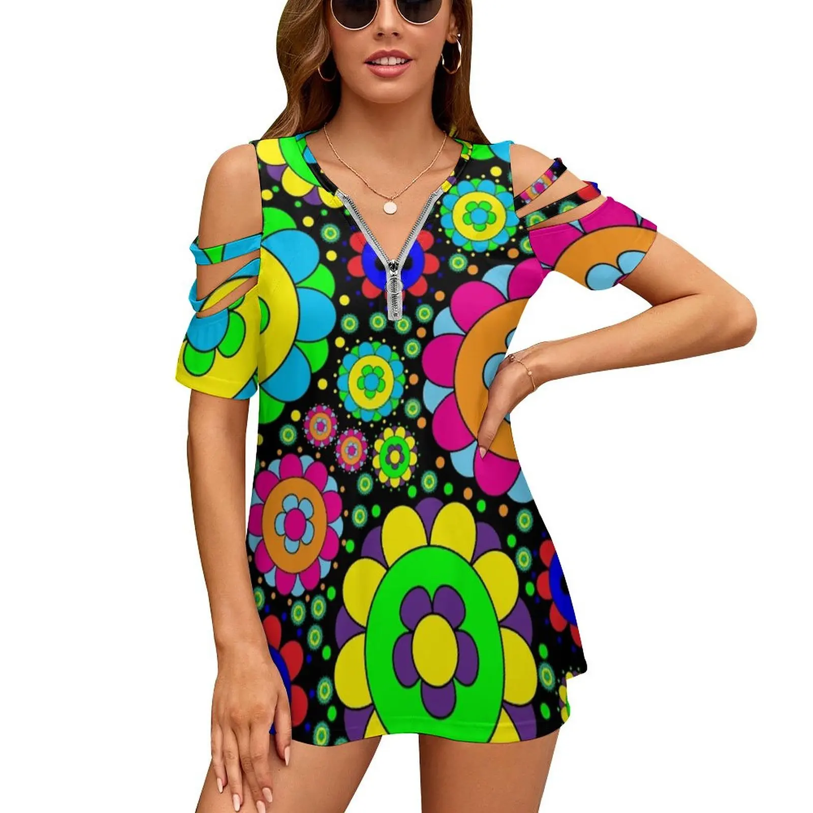 Flower Power Vintage 60S 70S Hippie Retro Flowers Women Zipper Various styles Printed T Shirts Tops Full Print T-Shirt Hippie