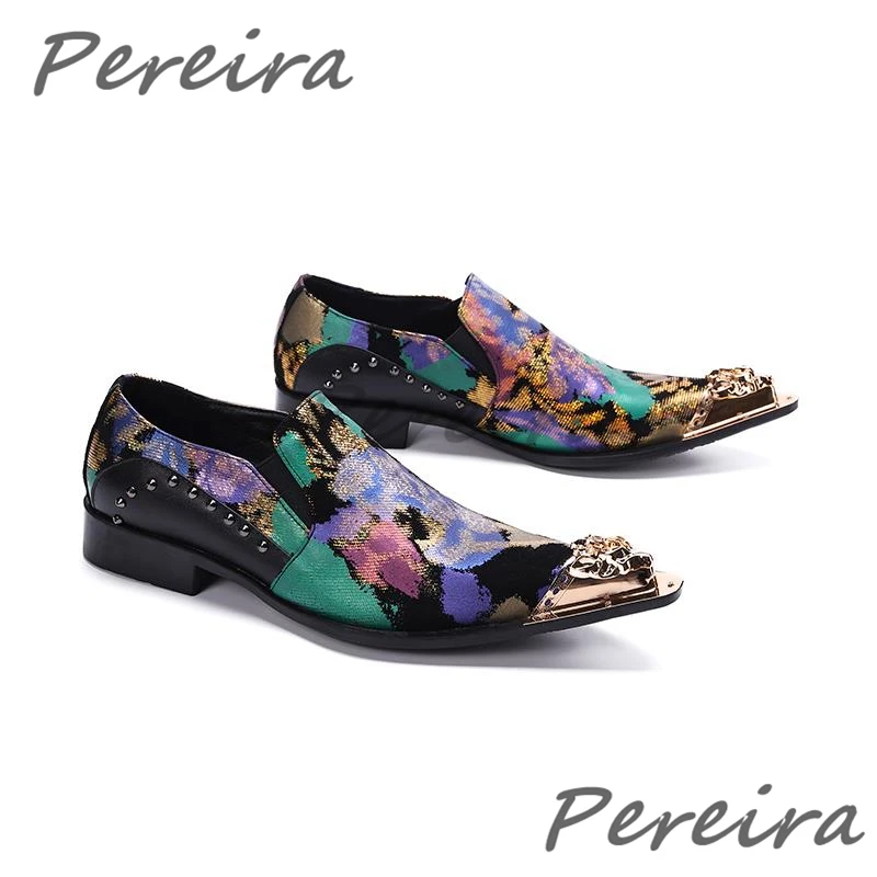 

Men's Mixed Colors Cow Leather Formal Shoes Metal Pointy Toe Slip-On Casual Business Loafers Fashion Party Banquet Dress Shoes