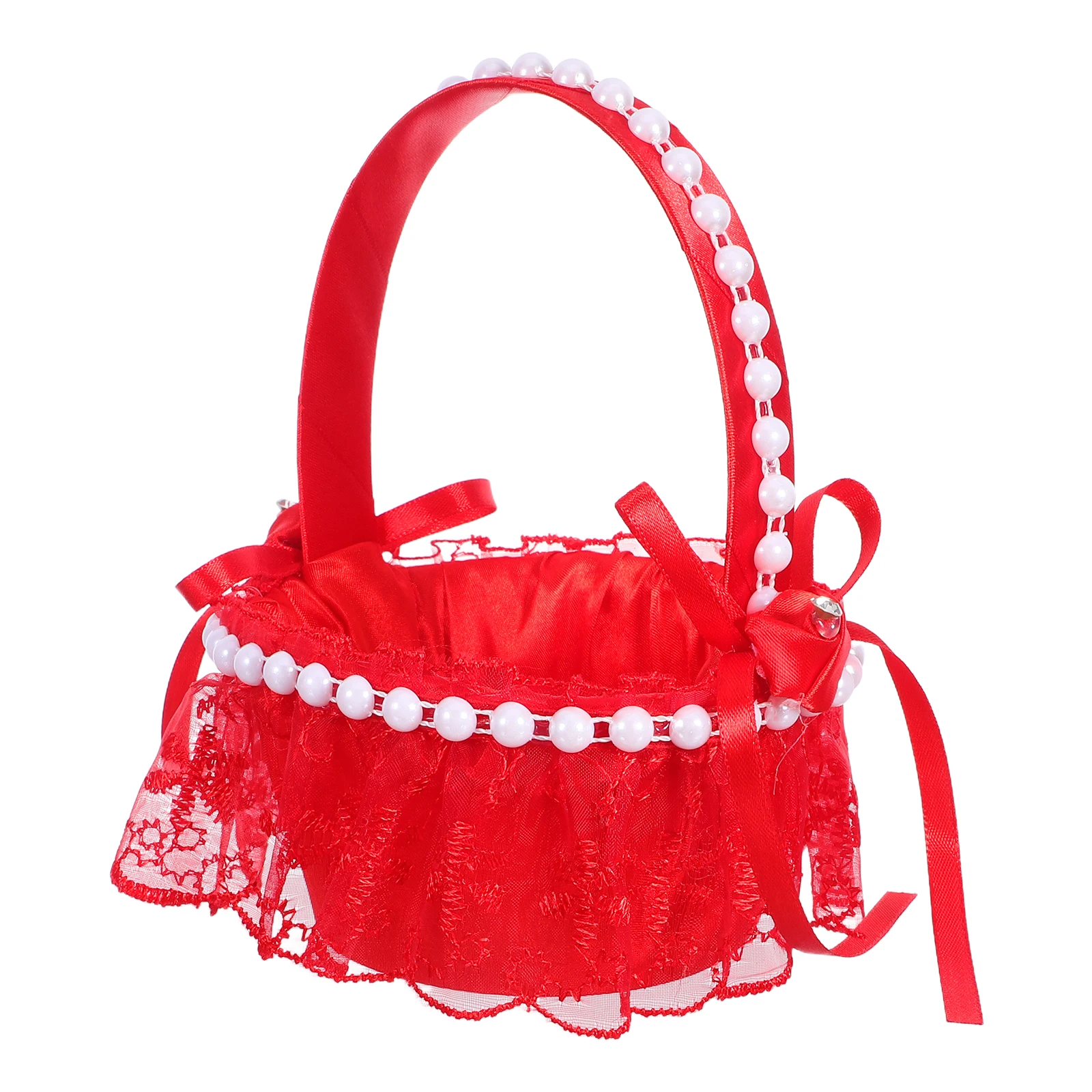 

Red Wedding Flower Girl Basket Lace Artificial Pearl Decor Basket Comfortable Handle Romantic Wedding Ceremony