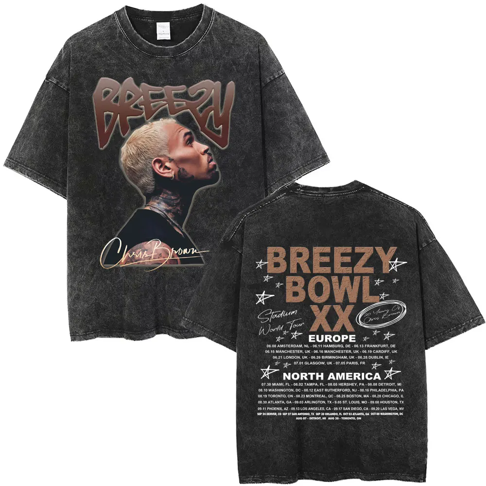 

Washed Vintage Chris Brown Graphic T-shirt Breezy Bowl XX Tour 2025 T Shirts Summer Men Women Fashion Hip Hop Oversized T-shirts