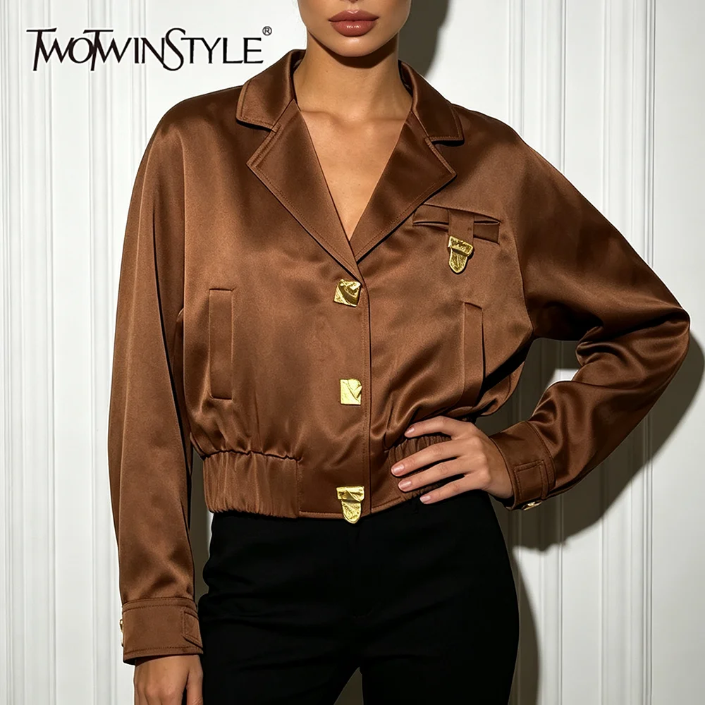 TWOTWINSTYLE Chic Lapel Cropped Jackets for Women Gold Buckle Decoration Satin Fabric Long Sleeve Elastic Hem Loose Outerwear