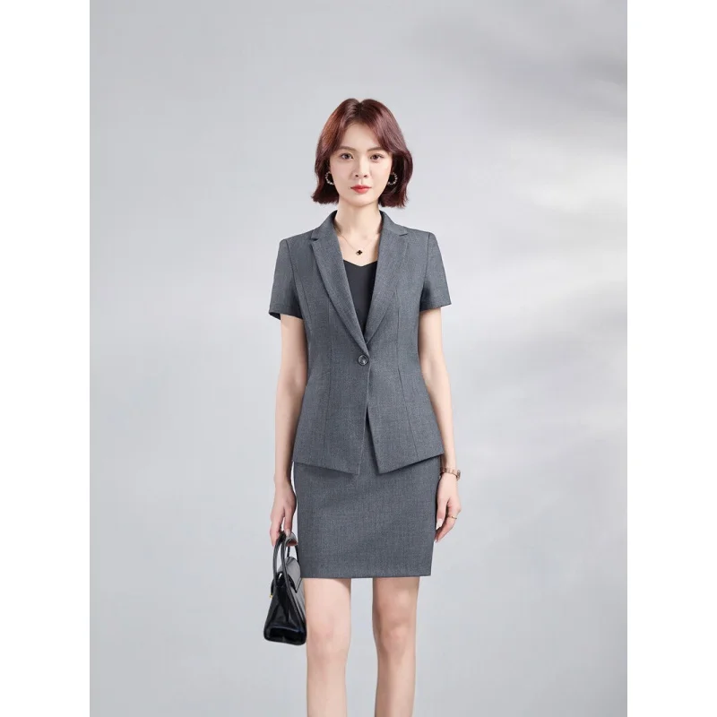 

Новый летний женский костюм с короткими рукавами, профессиональная и элегантная деловая одежда, высококачественный тонкий двухкомпонентный костюм.