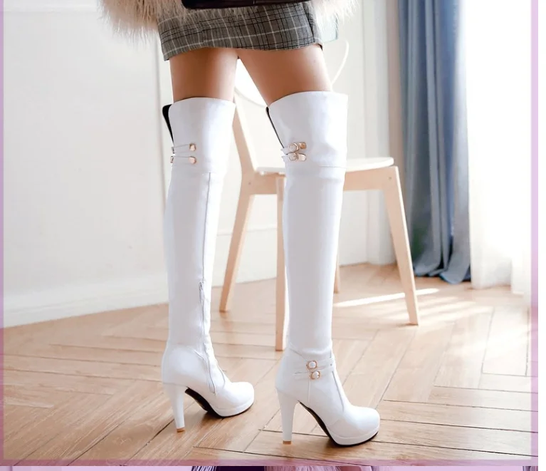 New Fashion Women WhiteThigh High Boots White Show Round head Party ShoesThin High Heels Over The Knee Long Boots For Women