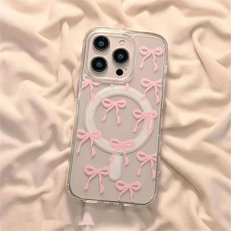 Cute Blue Pink Bow MagSafe-Compatible Charging Case for iPhone 16 15 14 13 12 11 Pro Max 7 8 16 Plus