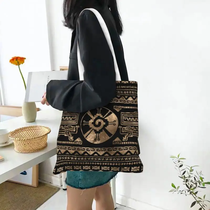 Mayan azteca Hunab Ku bolsas de compras de comestibles, bolso de mano de lona con estampado Kawaii, bolso de hombro, bolso de mano portátil de gran capacidad