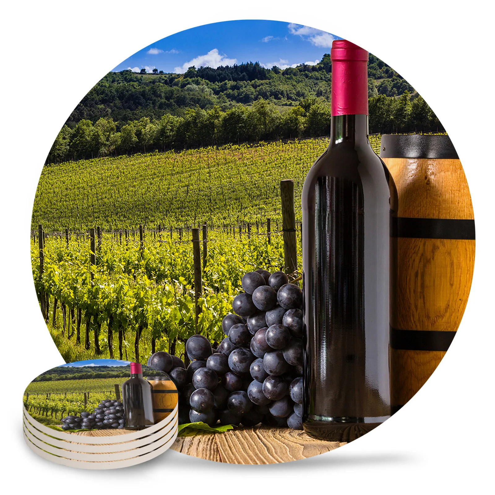 Vineyard Wine Coasters Ceramic Set Round Absorbent Drink Coaster Coffee Tea Cup Placemats Table Mat