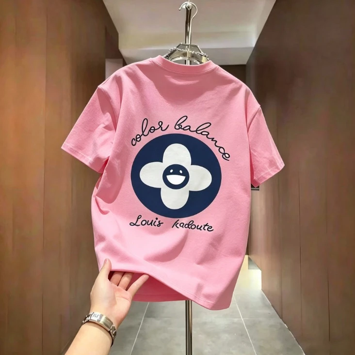 2026 new Back Print Smiley Flower Letter Graphic T Shirt Unisex White Short Sleeve Tee Streetwear Casual Loose Daily Top