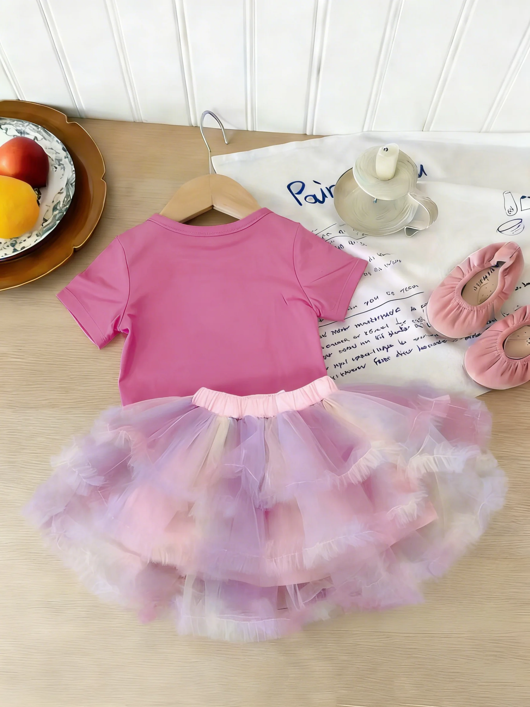 Girls Unicorn Print T Shirt Tulle Tutu Skirt Two Piece Set Summer New Arrival
