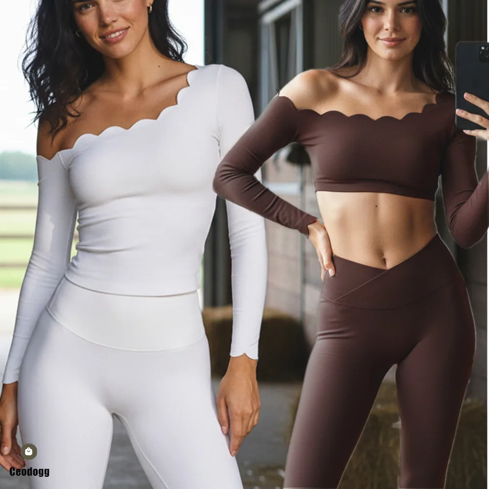 2PCS Pad Women Yoga Set Off Shoulder Scallop Trim Long Sleeve High Waist Legging Breathable Gym Daily Active Wear XP192