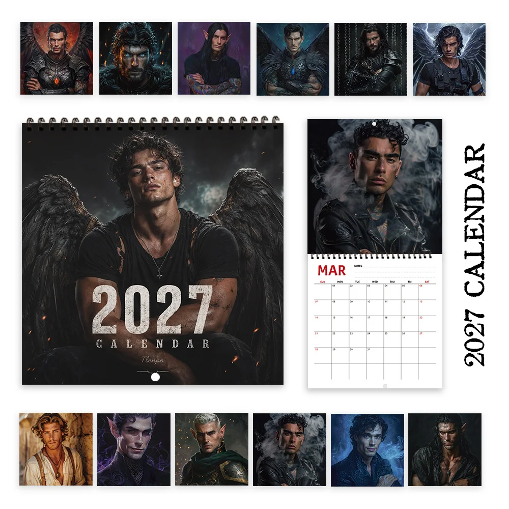 1pc 2027 Fantasy Winged Man Wall Calendar,12‑Month Planner,Gift For Back‑to‑School,Christmas,New Year,Free Stickers Included