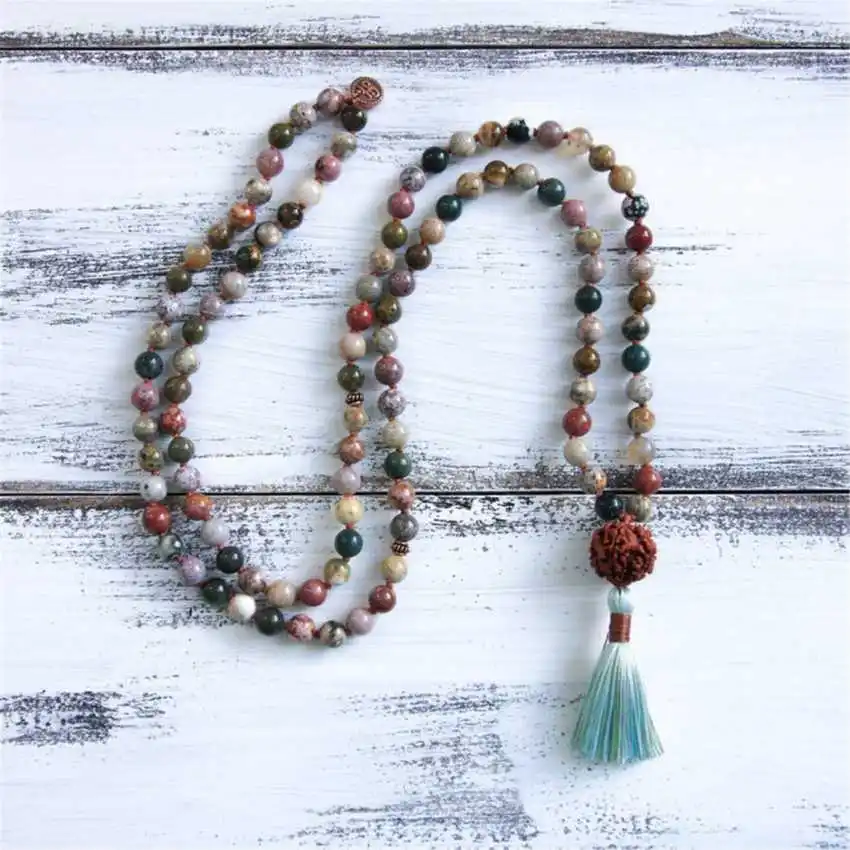 8mm Natural Ocean Jasper Rudraksha 108 Beads Tassel Necklace Teenagers Women Children Yoga Choker Gift Formal event Unisex Peace