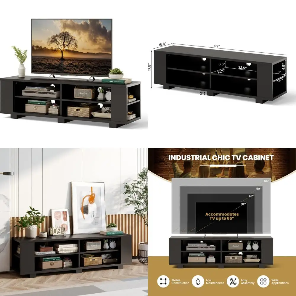 Modern Flat Screen TV Stand for 65 Inch TVs, Entertainment Center with 8 Open Shelves, Universal Storage Solution