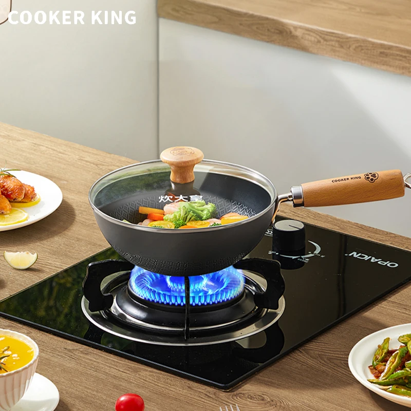 COOKER KING 20/24cm Small Iron Wok Pan Flat Bottom Non-Stick PanBaby Food Universal Gas Induction Cooker