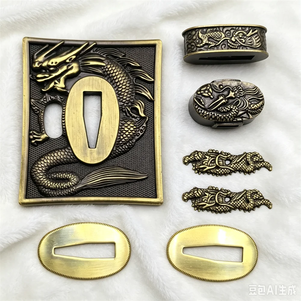 A Set Alloy Dragon Tsuba Menuki+Fuchi+Kashira+Seppa Accessory For Japanese Sword Samurai Katana Accessory