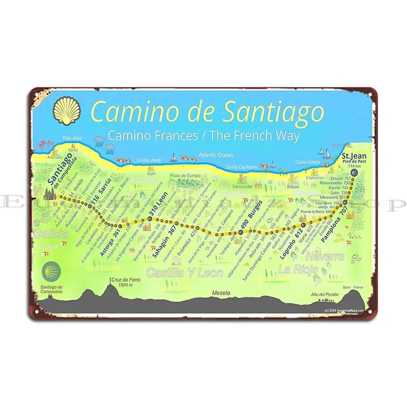 Map Of The Camino De Santiago Metal Plaque Poster Living Room Customize Create Garage Cinema Tin Sign Poster