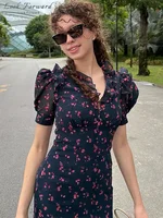 Floral Puff Sleeves Maxi Dresses Women's Slim Waist-cinching Hip-wrap V-neck Dress 2026 New Ladies Summer Vacation Outwear - Image 2