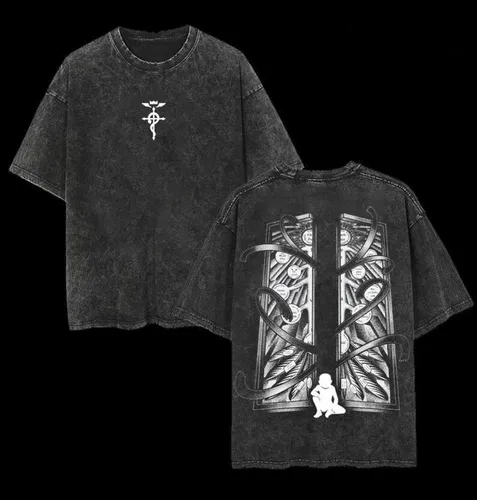 Imagen 1 del producto Camiseta Vintage lavada con símbolo de alquimista, camiseta de Anime roja y negra, regalo para amantes del Anime, camiseta de moda lavada de gran tamaño con estampado gráfico