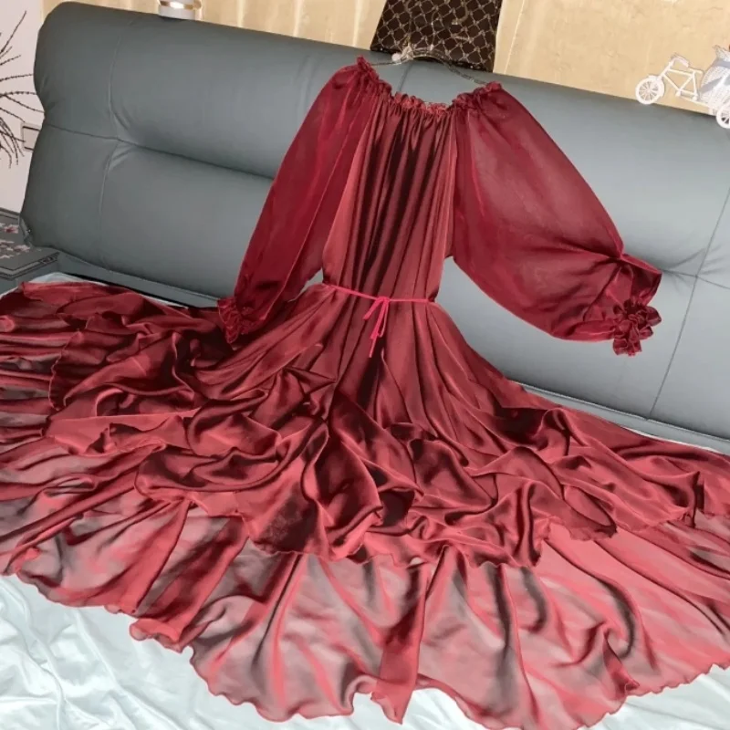 

Элегантное женское шелковистое мягкое прозрачное платье макси с расклешенной юбкой и длинными рукавами с рюшами на воротнике, однотонное струящееся вечернее платье, пляжное платье