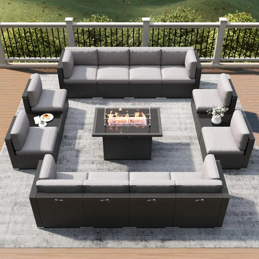 

Outdoor Rattan Sofa, Fire Pit Table, Outdoor Conversation Sets Wicker Sectional Sofa ,Coffee Table,15 Piece Patio Furniture Set