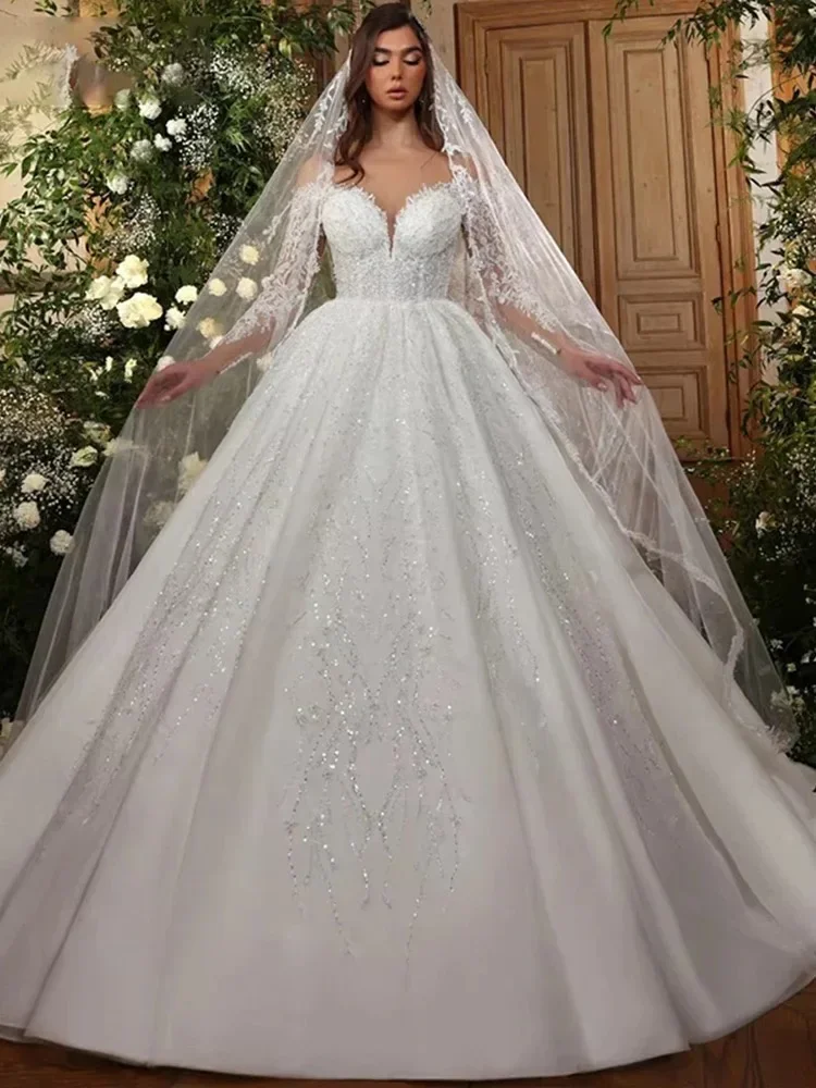 Aangepaste luxe borduurwerk kralen applicaties lange mouw trouwjurk ronde hals vestido de novia baljurk bruidsjurk