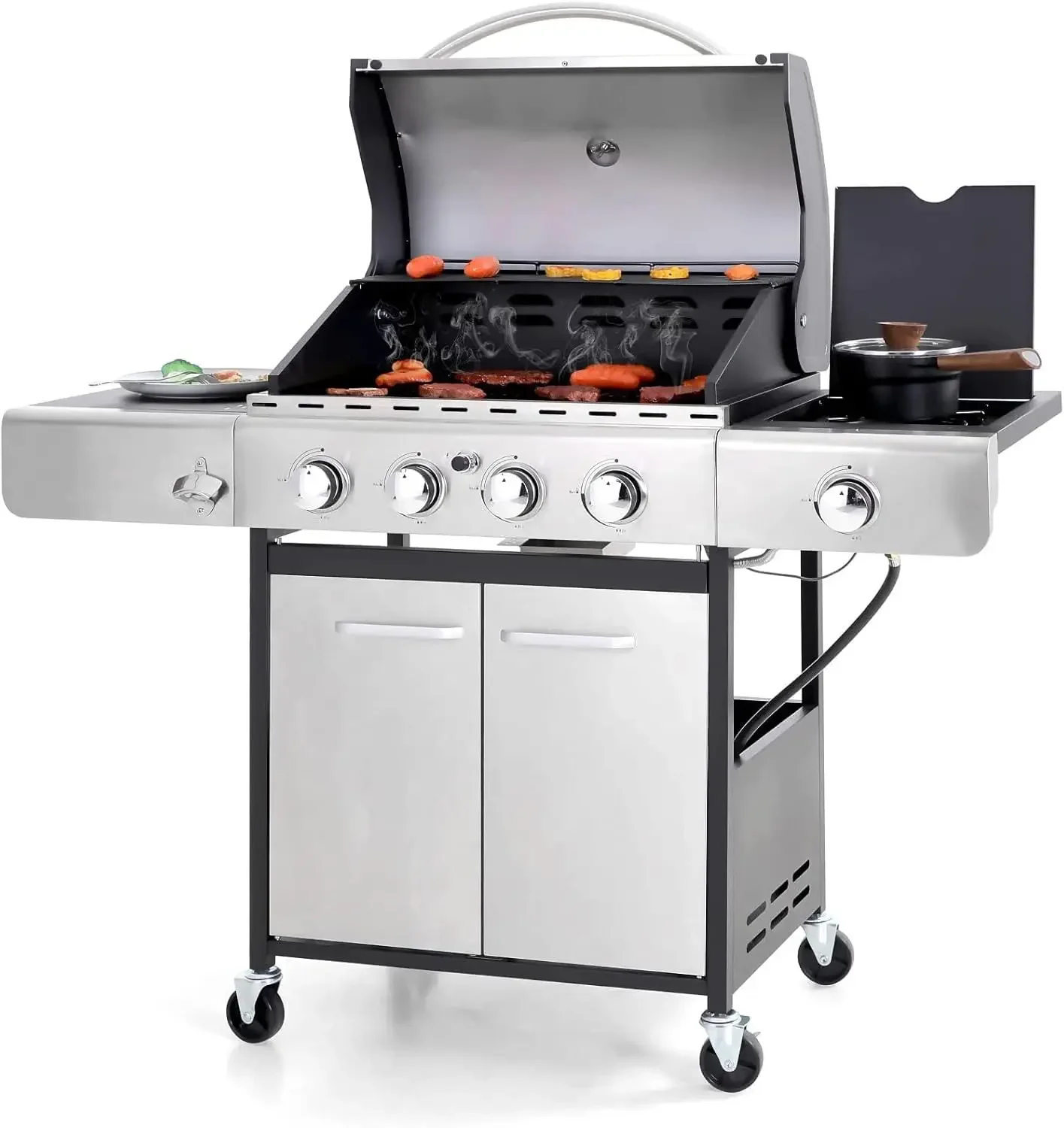 4-Burner Propane Gas BBQ Grill with Side Burner and Porcelain-Enameled Cast Iron Grates 42,000BTU Outdoor Cooking Stainless